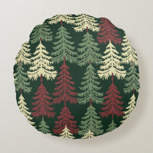 Pine Trees Red Green  Round Pillow