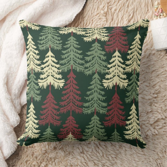 Pine Trees Red Green  Throw Pillow (Blanket)