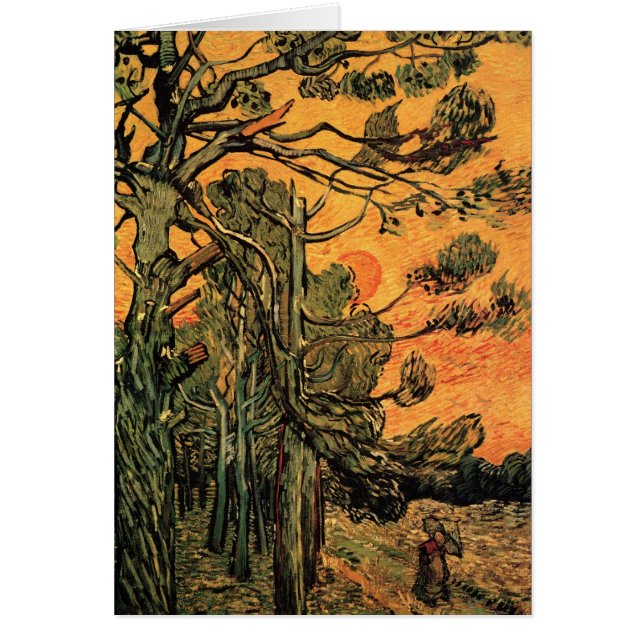 Pine Trees Red Sky Setting Sun by Vincent van Gogh (Front)