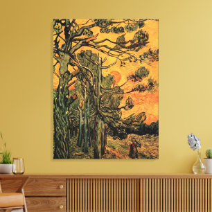 Pine Trees Red Sky Setting Sun by Vincent van Gogh Canvas Print