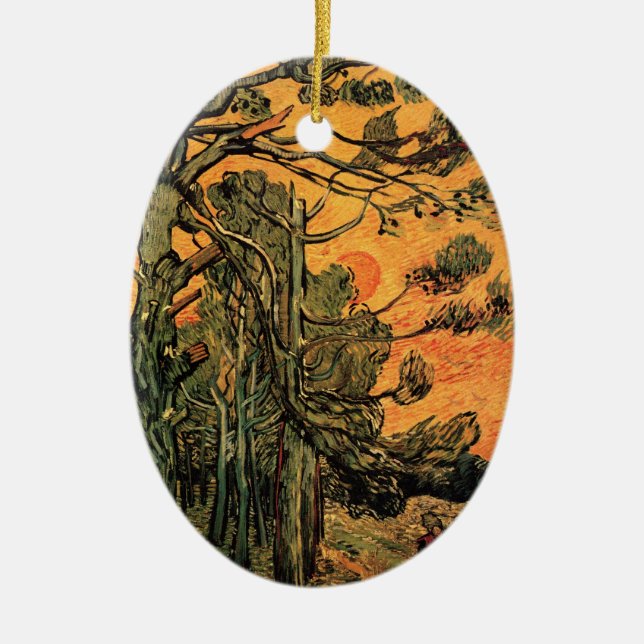 Pine Trees Red Sky Setting Sun by Vincent van Gogh Ceramic Ornament (Front)