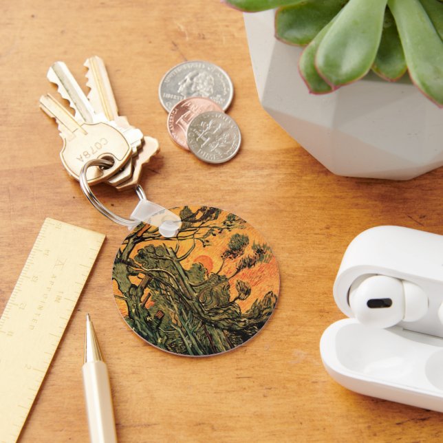 Pine Trees Red Sky Setting Sun by Vincent van Gogh Keychain (Desk)