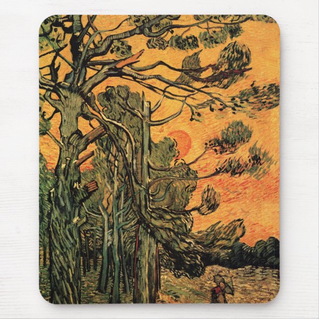Pine Trees Red Sky Setting Sun by Vincent van Gogh Mouse Pad (Front)
