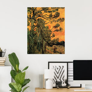 Pine Trees Red Sky Setting Sun by Vincent van Gogh Poster