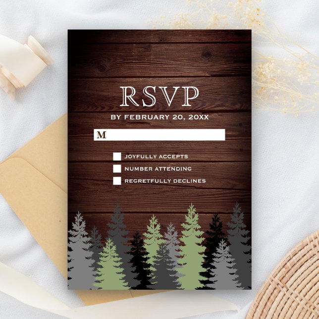 Pine Trees Rustic Wood Winter Wedding RSVP Card (Creator Uploaded)