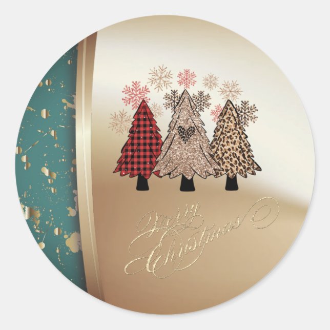 Pine Trees,Snowflakes,Gold Merry Christmas Classic Round Sticker (Front)