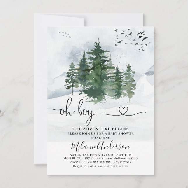 Pine Trees The Adventure Begins Baby Shower Invitation (Front)