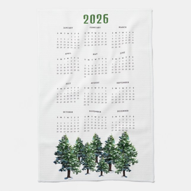 Pine Trees Watercolor Painting Calendar 2026 Kitchen Towel (Vertical)