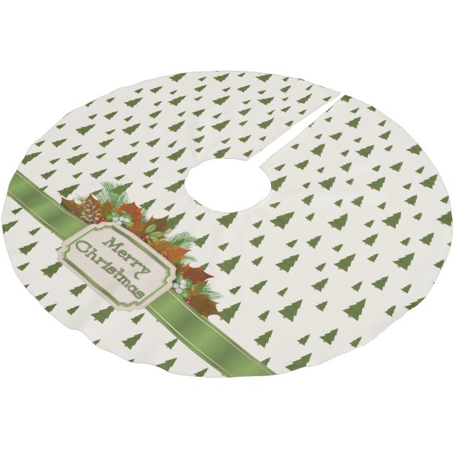 Pine Trees with Merry Christmas Ribbon Brushed Polyester Tree Skirt (Angled)