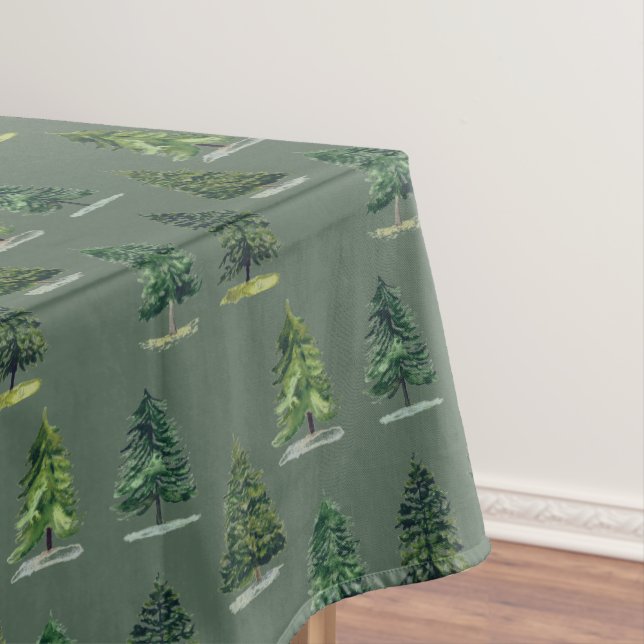 Pine trees Xmas Rustic Christmas Green Watercolor Tablecloth (In Situ)