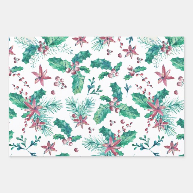 Pine Twigs and Holly Berries Wrapping Paper Sheet (Front)