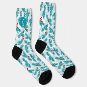 Pine Twigs and Red Berries Christmas Pattern White Socks