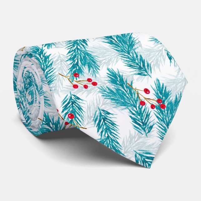 Pine Twigs and Red Berries Christmas Pattern White Tie (Rolled)