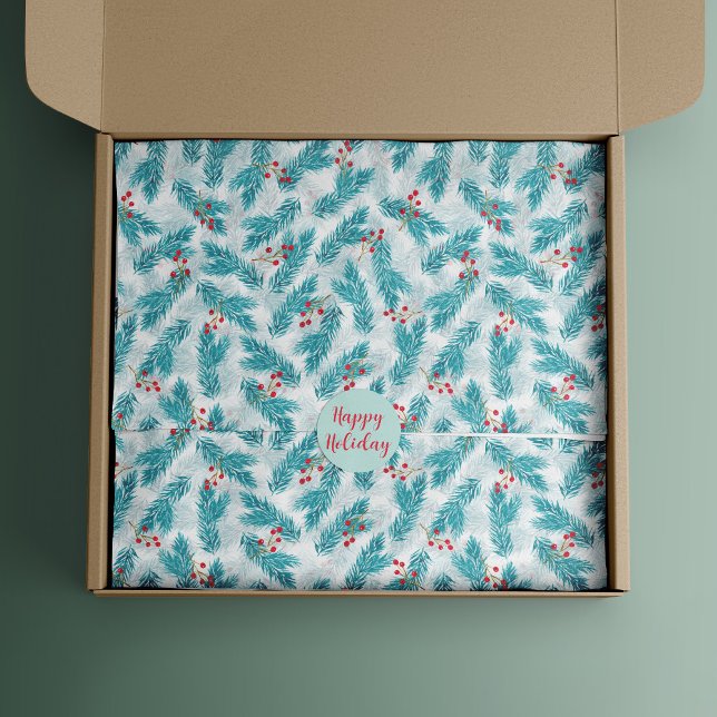 Pine Twigs and Red Berries Christmas Pattern White Tissue Paper (Creator Uploaded)