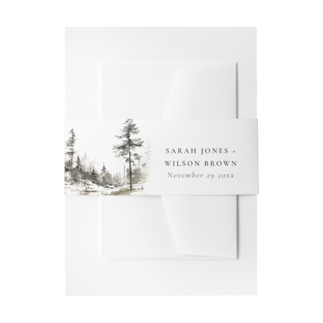 Pine Woods Mountain Landscape Sketch Wedding Invitation Belly Band (Front Example)