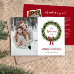 Pine Wreath 3 Photo | Christmas Letter Holiday Card<br><div class="desc">Affordable custom printed holiday photo cards with a simple template for customization. This modern minimalist design features a wreath of pine branches and pine cones with a red bow on a white background. Add your personal Christmas letter and additional photos on the reverse side. Use the design tools to customize...</div>