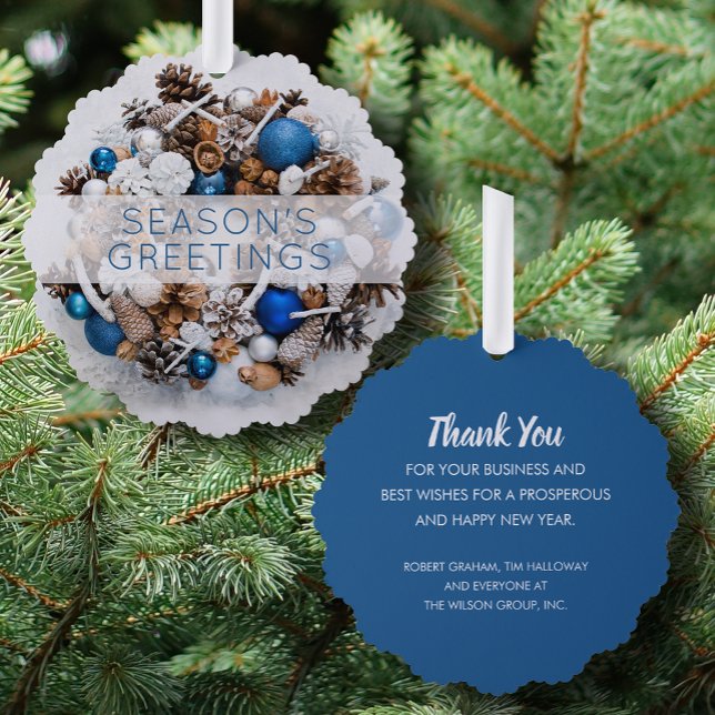 Pine Wreath Blue and White Business Holiday Paper Ornament Card (Creator Uploaded)