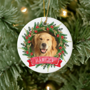 Pine Wreath Dog Photo Ceramic Ornament
