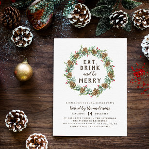 Pine Wreath Eat, Drink & Be Merry Christmas Party Invitation Postcard