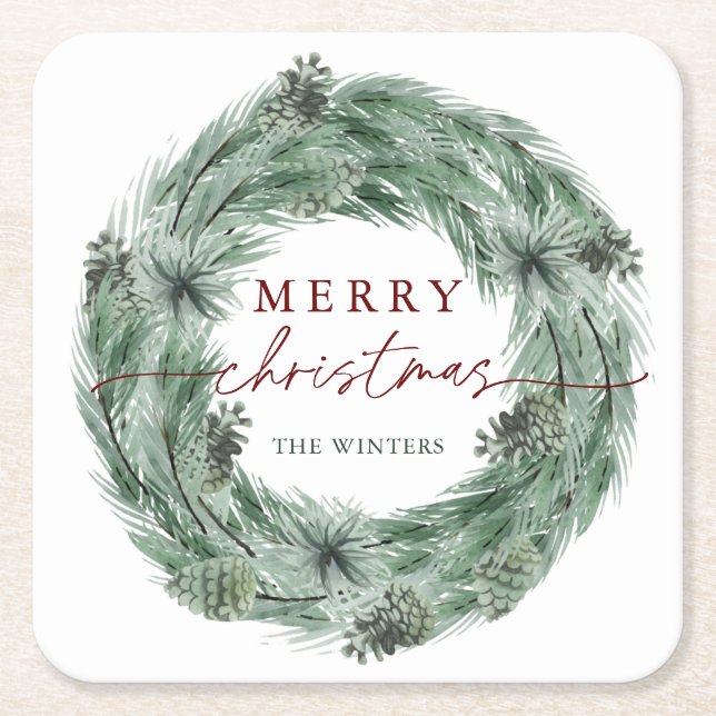 Pine Wreath Green & Red Merry Christmas Holiday Square Paper Coaster (Front)