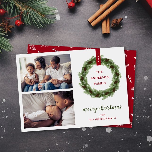 Pine Wreath Merry Christmas 2 Photo Holiday Card (Creator Uploaded)
