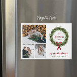 Pine Wreath Merry Christmas Magnetic Photo Card<br><div class="desc">Affordable custom printed magnetic holiday photo cards with a simple template for customization. This modern minimalist design features a wreath of pine branches and pine cones with a red bow on a white background. Use the design tools to customize the fonts and colours or upload more photos to create your...</div>