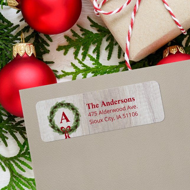 Pine Wreath Monogram Holiday Return Address (Creator Uploaded)