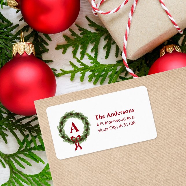 Pine Wreath Monogram Holiday Return Address Label (Creator Uploaded)