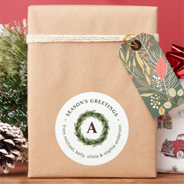 Pine Wreath Monogram Merry Christmas Classic Round Sticker (Holiday)