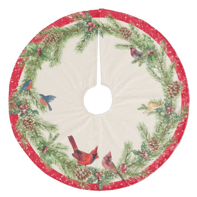 Pine Wreath Pinecones Berries Birds and Snow Fleece Tree Skirt (Front)