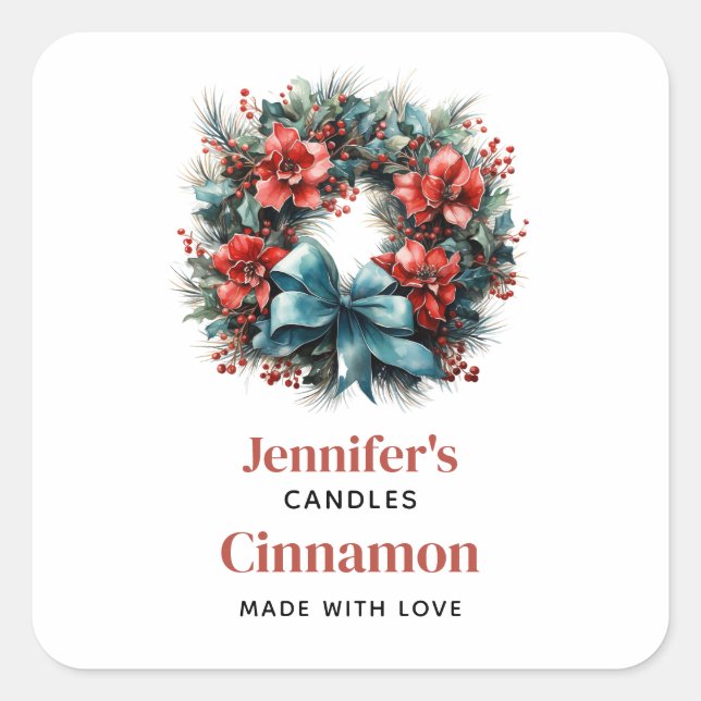 Pine Wreath with Holly Christmas Candle Crafting Square Sticker (Front)