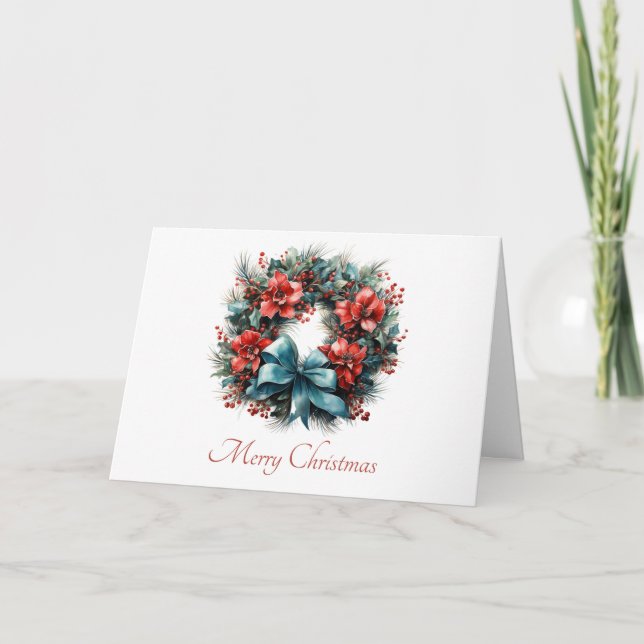 Pine Wreath with Holly Christmas Card (Front)