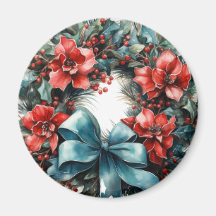 Pine Wreath with Holly Christmas Magnet