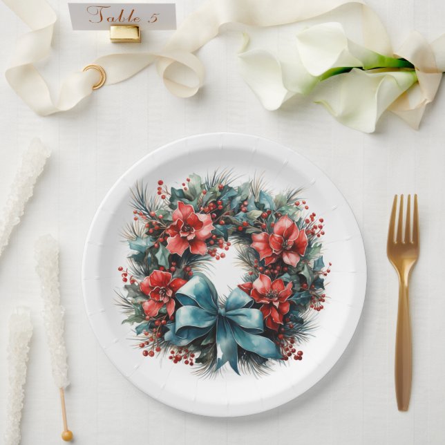 Pine Wreath with Holly Christmas Paper Plate (Wedding)