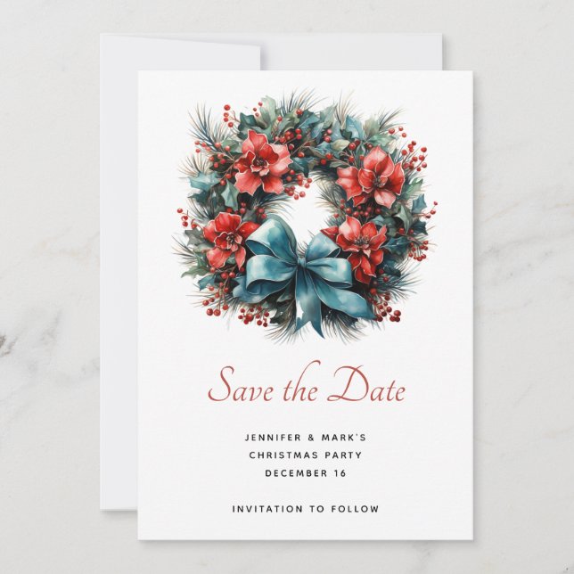 Pine Wreath with Holly Christmas Save The Date (Front)