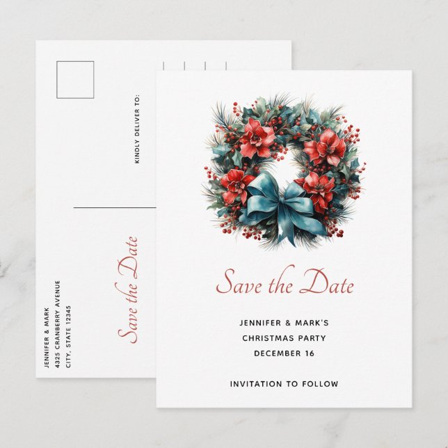 Pine Wreath with Holly Christmas Save the Date Invitation Postcard (Front/Back)