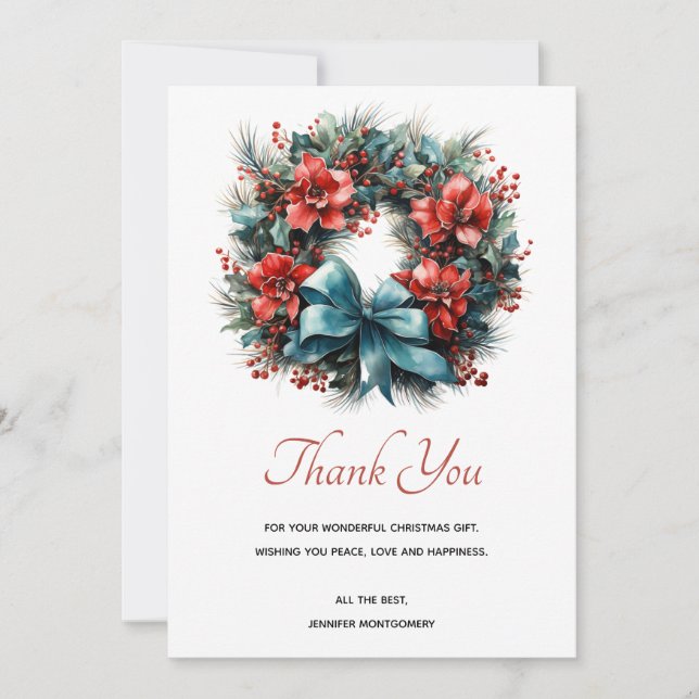 Pine Wreath with Holly Christmas Thank You Card (Front)