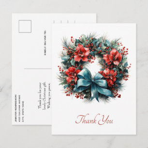 Pine Wreath with Holly Christmas Thank You Postcard