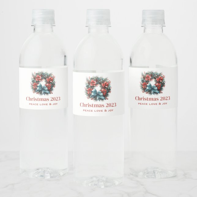 Pine Wreath with Holly Christmas Water Bottle Label (Bottles)