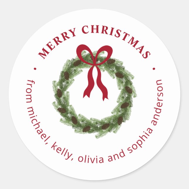 Pine Wreath with Red Bow Merry Christmas Classic Round Sticker (Front)