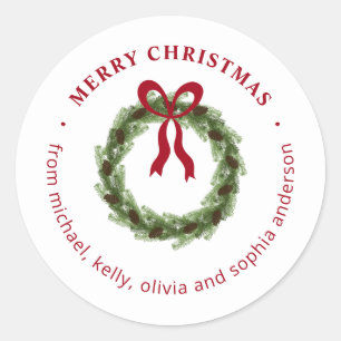 Pine Wreath with Red Bow Merry Christmas Classic Round Sticker