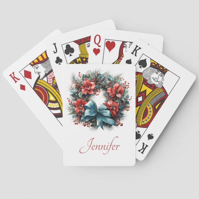 Pine Wreath with Red Flowers and Holly Playing Cards (Back)