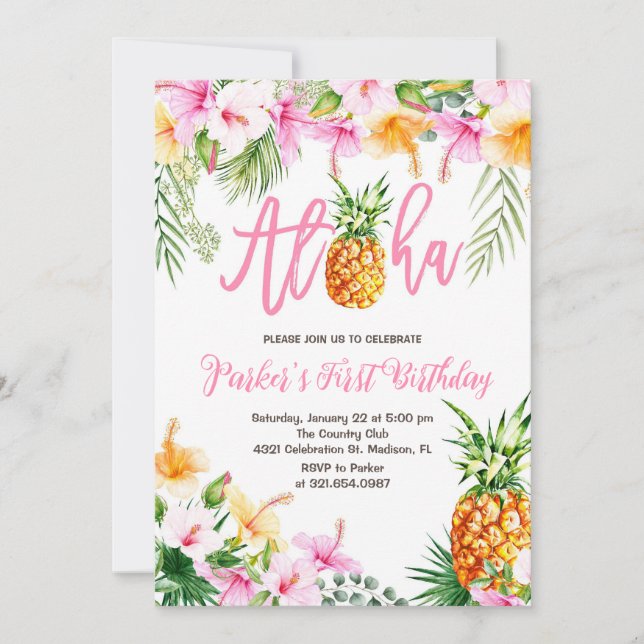 Pineapple Aloha First Birthday Party Invitation (Front)