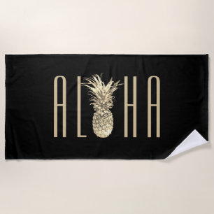 Pineapple Aloha Tropical Gold Typography Black Beach Towel