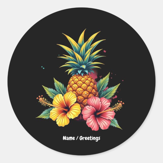 Pineapple and Hibiscus Floral Hawaii Summer Beach  Classic Round Sticker (Front)