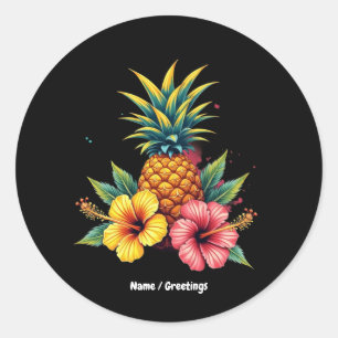 Pineapple and Hibiscus Floral Hawaii Summer Beach  Classic Round Sticker