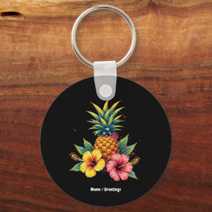 Pineapple and Hibiscus Floral Hawaii Summer Beach  Keychain