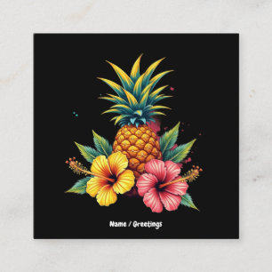 Pineapple and Hibiscus Floral Hawaii Summer Beach  Square Business Card