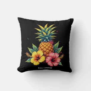 Pineapple and Hibiscus Floral Hawaii Summer Beach  Throw Pillow