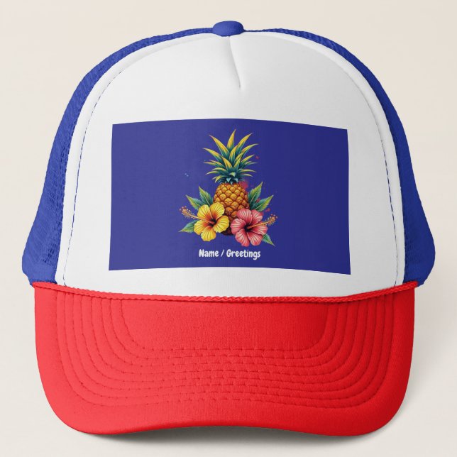 Pineapple and Hibiscus Floral Hawaii Summer Beach  Trucker Hat (Front)